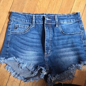 High-Rise Frayed Hem Denim Shorts - Blue